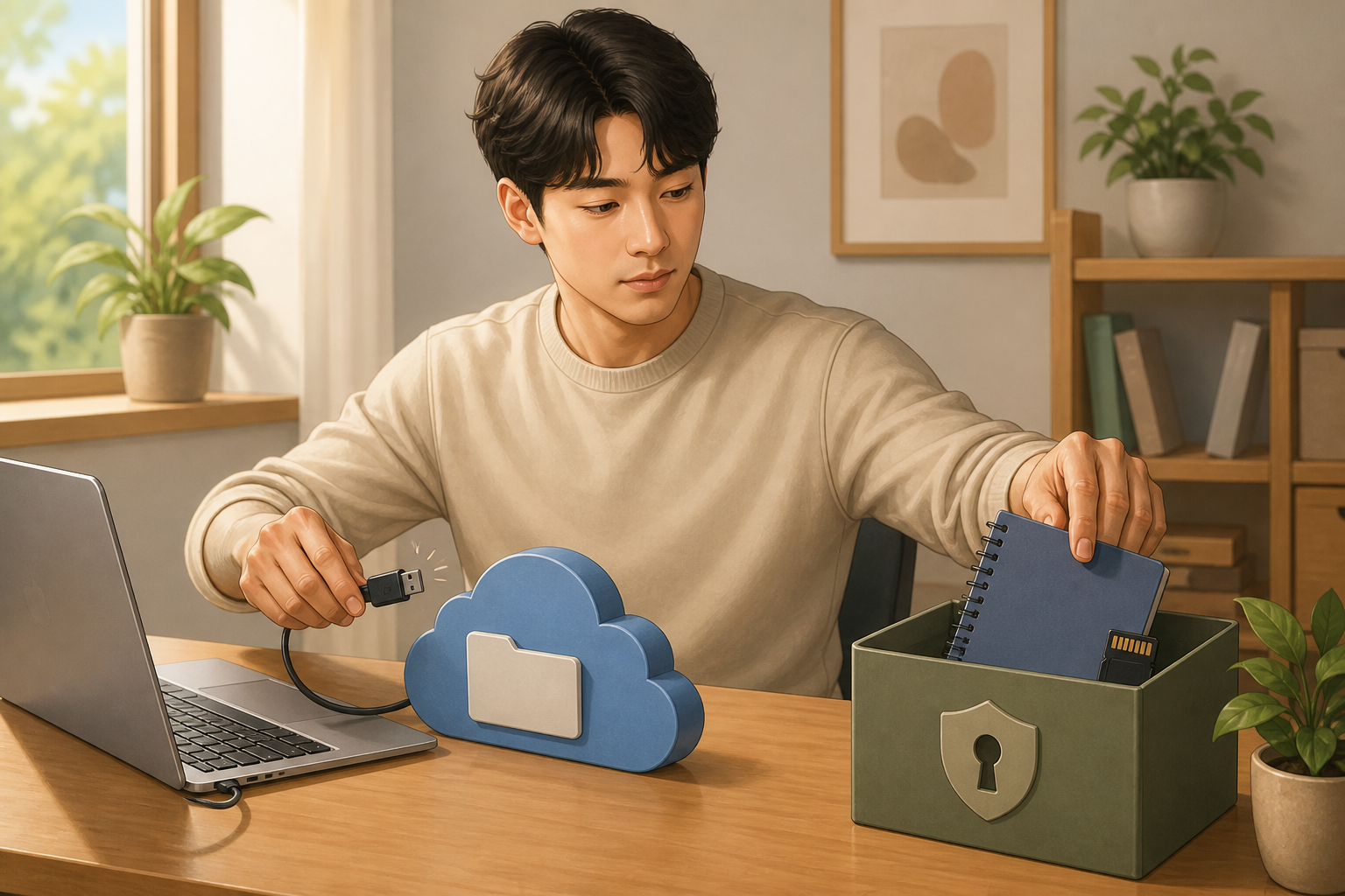 노트북과 클라우드 연결을 끊은 뒤 대화 노트와 메모리 카드를 별도 보관함에 정리하는 사용자