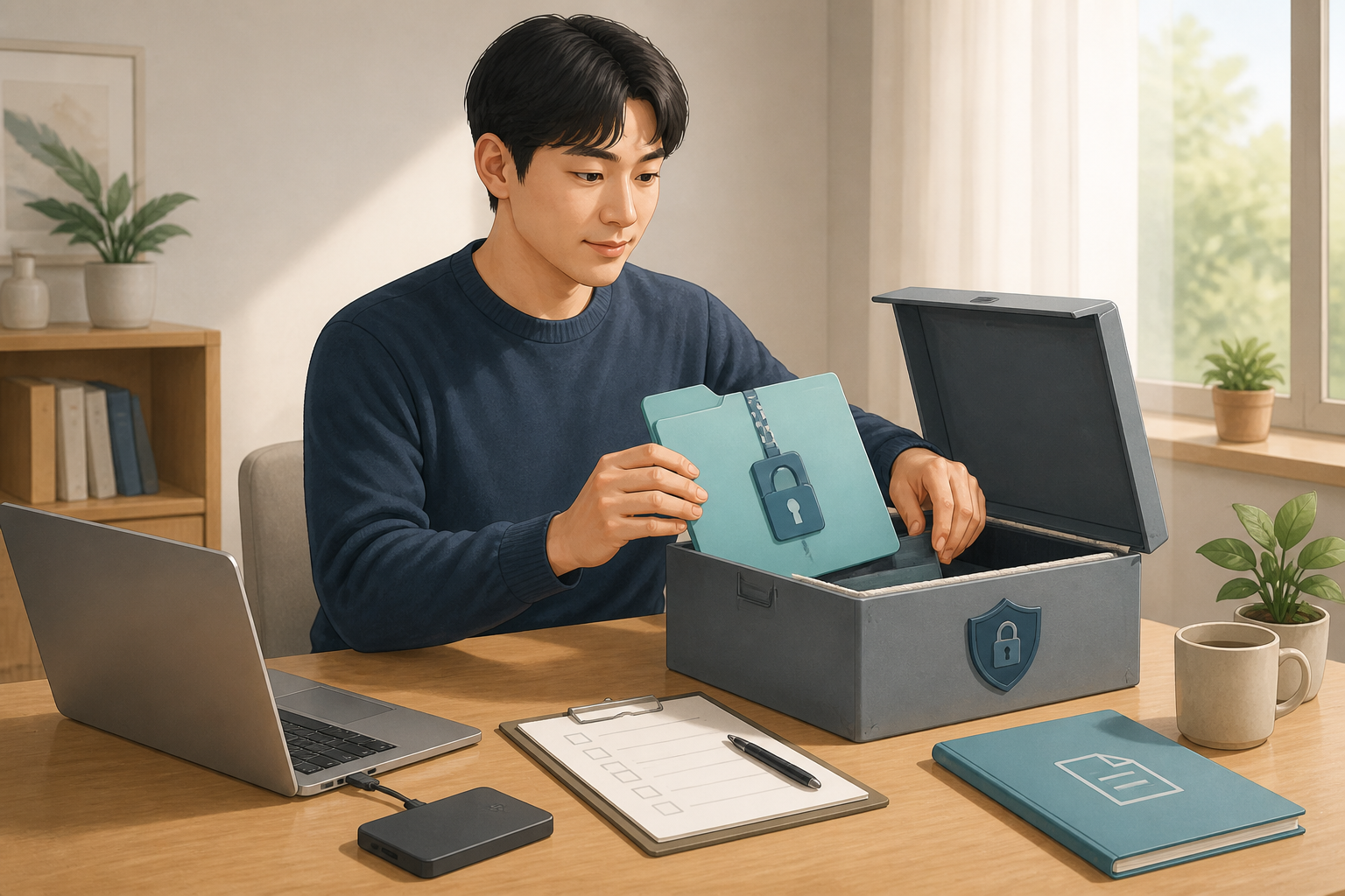 노트북 옆에서 잠금 표시가 있는 보관 상자에 디지털 파일을 정리하는 사람