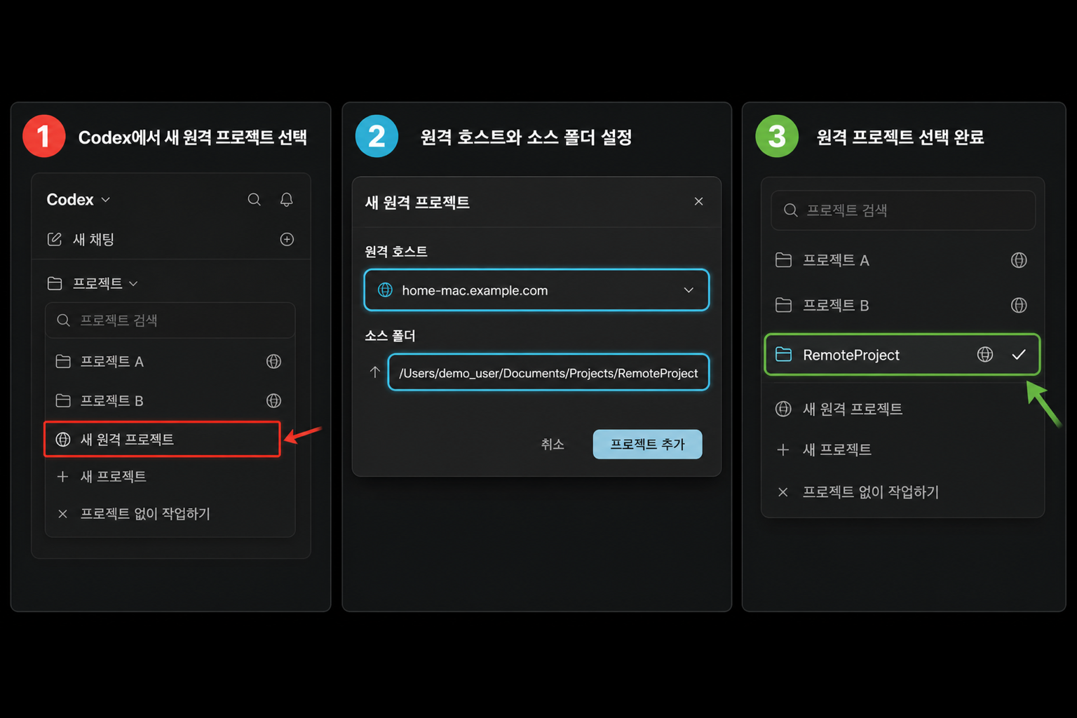 Codex 새 원격 프로젝트를 등록하는 3단계 설정 화면