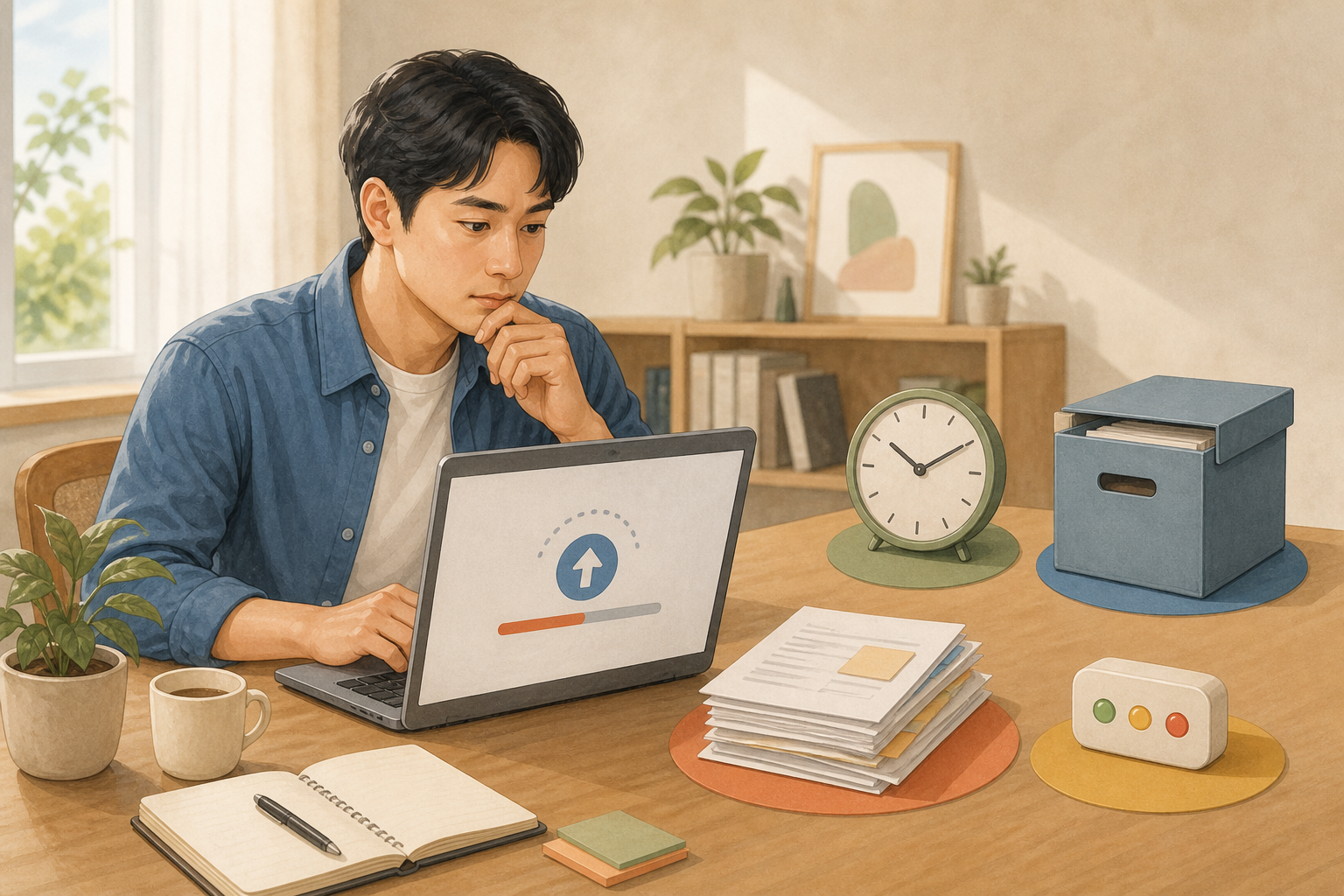 노트북 업로드 진행 화면 옆에서 시계와 쌓인 문서를 보며 원인을 확인하는 사용자