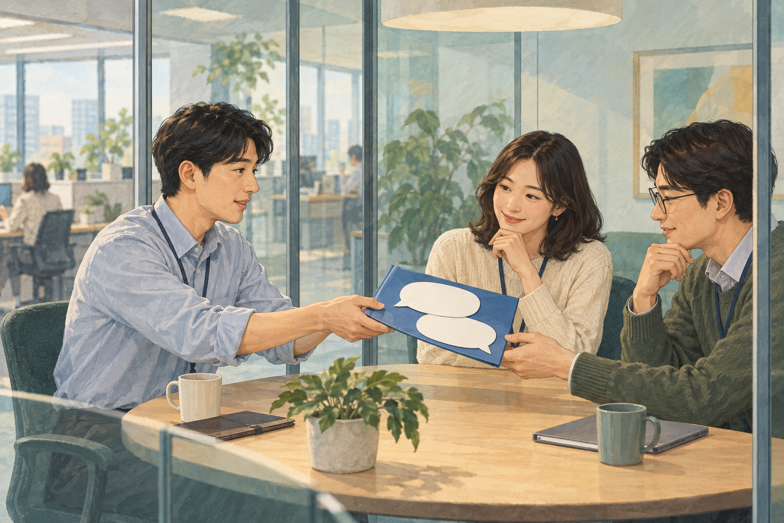유리로 구분된 회의 공간에서 대화 자료가 든 폴더를 두 동료에게 건네는 직장인